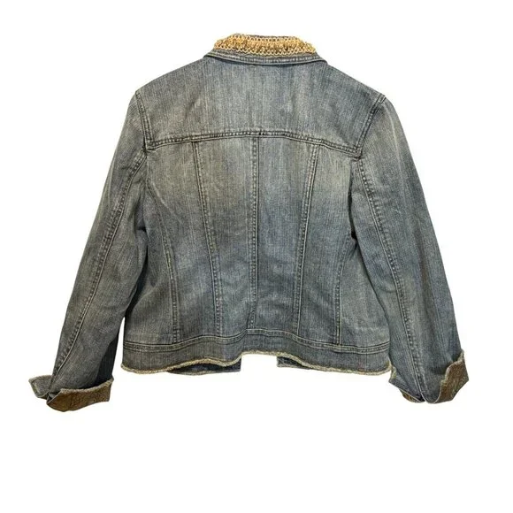 Elie Tahari Womens Beaded Collar Denim Jacket Floral Lining Button Front Size L - Picture 2 of 16